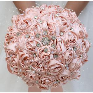 Bridal Wedding Bouquet Round Bling Brooch Bouquet Throw Toss Artificial Rose Flower Bunch for Bride Bridesmaid Wedding Quinceanera(Peach Pink, 9.8")