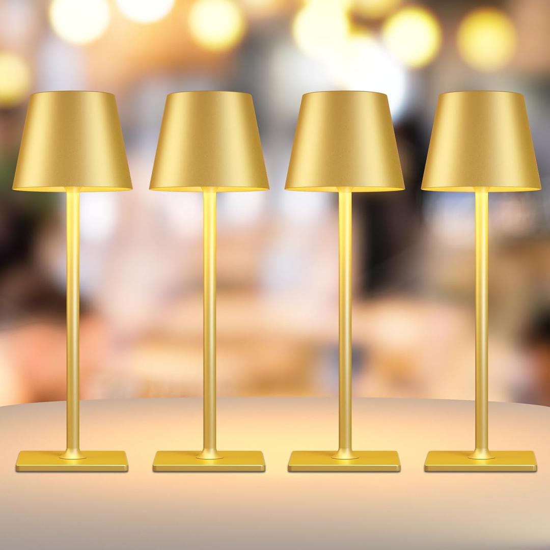 Yogaret 4 Pack Gold Rechargeable Led Cordless Table Lamps,Cordless Lamp with 6000mAh Battery Operated,Wireless Lamp for Restaurant Home Dinner Dining Kitchen Outdoor Patio,Waterproof & Portable