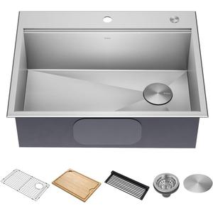 KRAUS Kore 28-Inch Drop In/Top Mount Workstation 16 Gauge Single Bowl Stainless Steel Kitchen Sink with Accessories, KWT310-28, 28 x 22 Inch