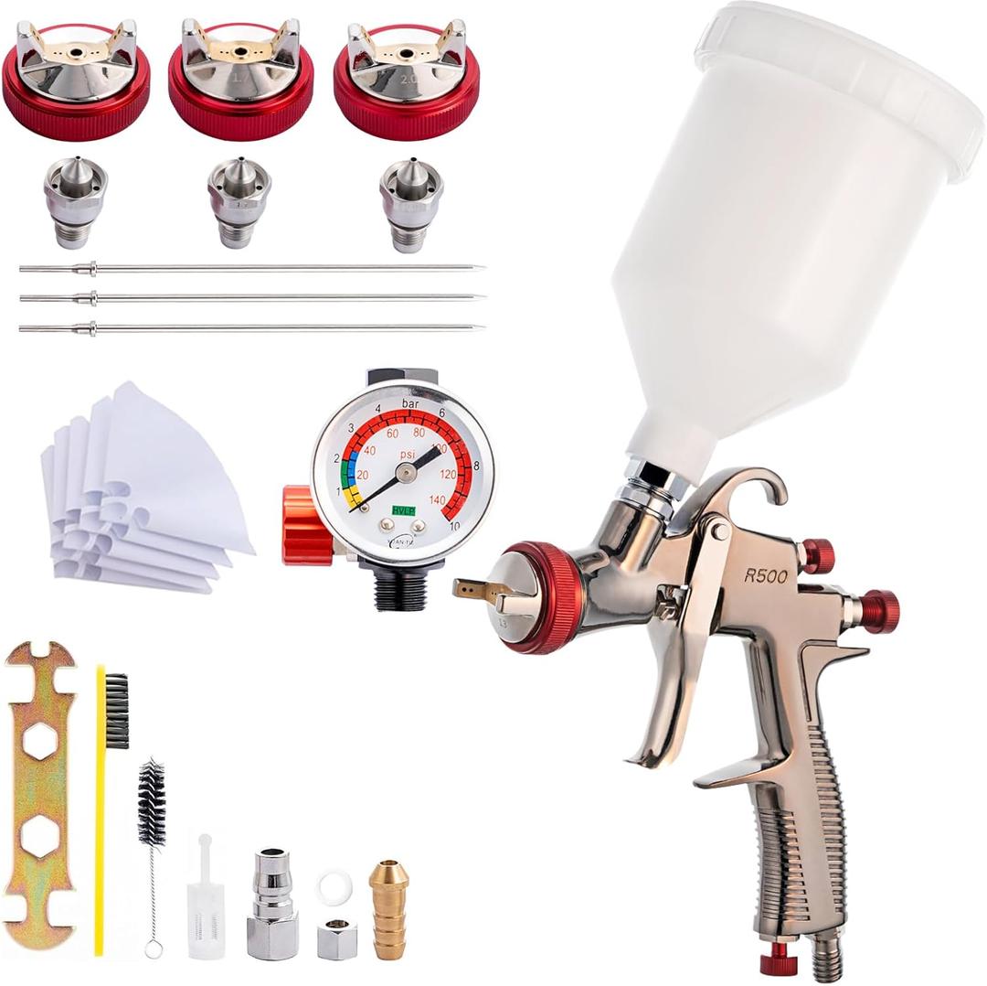 DAXINYANG R500 LVLP Spray Gun with 1.3/ 1.5/ 1.7/ 2.0mm Nozzles and Air Flow Control Valve & Paint Filters, Paint Guns Automotive, Paint Gun for House Painting, Car, Furniture, Primer and Top Coat