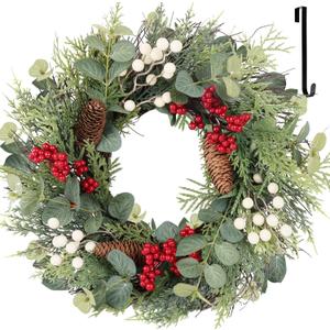 22 Inch Christmas Wreath with Hanger, Christmas Wreaths for Front Door with Red White Berry Pine Cone Xmas Wreaths for Front Door Wall Home Outdoor Decor