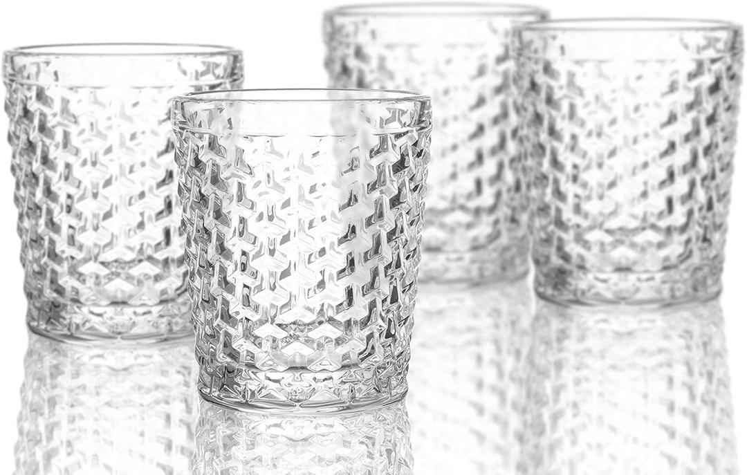 Elle Decor Bistro Weave 4 Pc Set Old Fashion, Clear-Glass Elegant Barware and Drinkware, Dishwasher Safe, 10.8 Oz