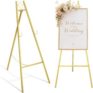 GRENTY 46.7" Gold Easel Stand for Wedding Signs No Assembly Needed, Heavy Duty Metal Display Stand for Art, Welcome Signs, Posters, Pictures, Paintings, and Floor Dcor, Gold 