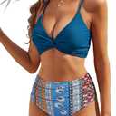 ZAFUL Twist High Waisted Bikini for Women Cross Lace Up Bathing Suit Ruched Bikini Swimsuits Tummy Control Swimwear Blue Tribal M