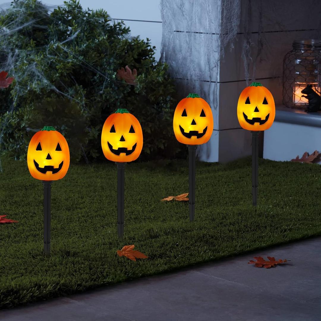 Halloween Pumpkin Pathway Lights Outdoor, Set of 4 Pre-lit Jack-O-Lanterns Pathway Markers Stake Battery Operated Waterproof for Path, Yard, Lawn, Garden, Landscape Halloween Party
