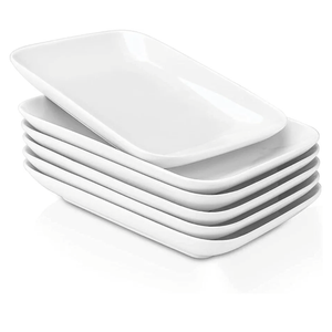 DELLING 8 Inch Rectangular Appetizer Plates, Salad Plates Set, Ceramic Dessert Plates, Small Serving Plates for Salad, Appetizer, Snack, Sushi - Microwave, Oven, and Dishwasher Safe - Set of 6, White