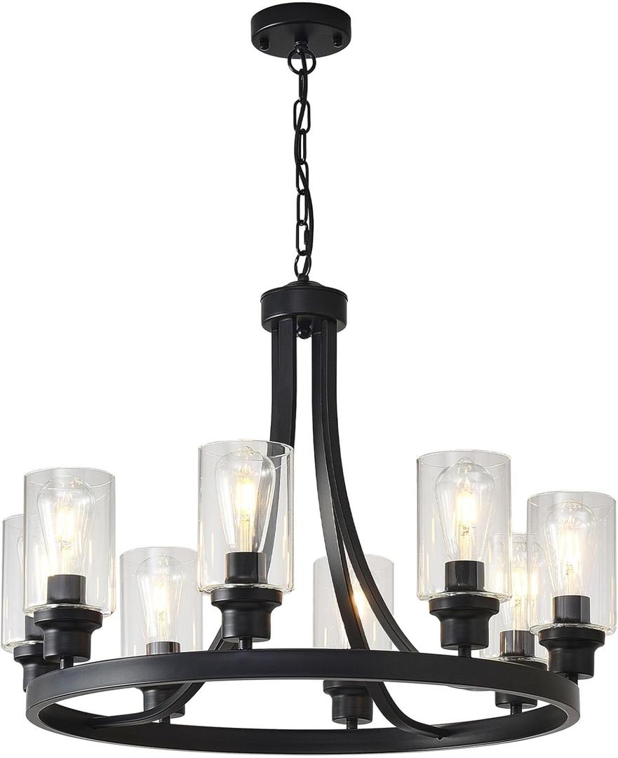 Farmhouse Chandelier Black Dining Room Light Fixture 8-Light Ceiling Hanging Rustic Wagon Wheel Chandeliers for Living Room Bedroom Foyer Porch Kitchen Island