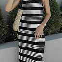 PRETTYGARDEN Summer Dresses for Women 2026 Casual Sleeveless Hollow Out Knit Side Slit Striped Beach Vacation Midi Dress (Black,XXX-Large)