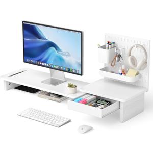 Pegboard Monitor Stand Riser,Computer Monitor Stand with 2 Hooks Cable Management Desk Organizer and Drawer for Laptop,PC,Computer,Printer,White