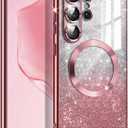 Casetego for Galaxy S25 Ultra 5G Case,Compatible with MagSafe,Clear Magnetic Glitter Gradient Sparkle Luxury Plated Soft TPU Bumper Full Camera Lens Protector for Samsung Galaxy S25 Ultra 5G,Rose Gold
