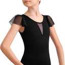 Girls Dance Leotard For Ballet Mesh Tank Dancewear,Mesh Splicing,Water Drop Hollow Back,Full Front Lining (6-8 Years, Black-03)