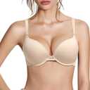 Push Up Thick Padded Plunge Underwire T Shirt Lace Bra Lift Support for Women Add One Cup (42A, Solid Nude Bra)