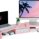 TEAMIX Pink Dual Monitor Stand Riser with Drawer - Length and Angle Adjustable Double Corner Desk Shelf Organizer 37 inch for 2 Laptop/PC/Screen/TV