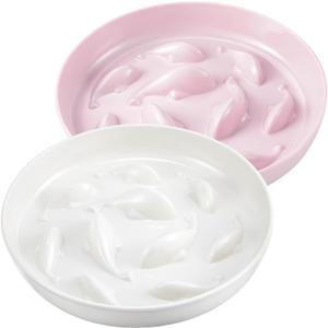 Nitial 2 Pcs Cat Slow Feeder Bowl Fish Pool Design Feeder Dish Fun Interactive Cat Food Bowl Healthy Eating Diet Bowls for Pet Puppy Dogs Dishwasher Safe(White, Pink)