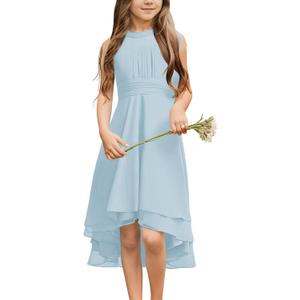 Chiffon Flowy Dresses Flower Girls Asymmetrical with Ruffles Sleveless Swing Party Gowns A-Line Dress, Size: 9-10 Years