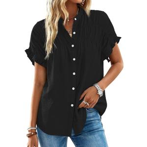 MASCOMODA Womens 2026 Button Down Shirts Ruffle Short Sleeve Loose Summer Tops Dressy Casual V Neck Business Work Blouses(Black, XX-Large)