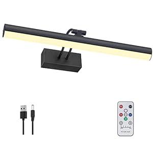 RAIFOOLLY Picture Light, Rechargeable Art Lights for Paintings, Remote Control Display Accent Light with Timer and Dimmable for Mirror, Frame, Portrait, Dart Board-L-Black