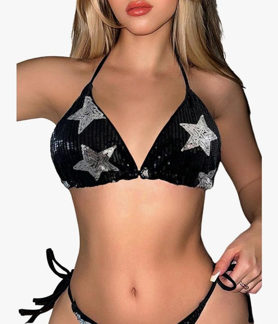 SOLY HUX Women's Sequin Bikini Tops Triangle Halter Tie Back Sparkly Star Swimsuit Tops Bathing Suit S