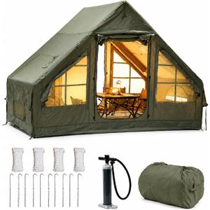 4-6 Person Inflatable Camping Tent, Panoramic PVC Skylight & Privacy Cover, 420D Oxford Waterproof UPF30+, PVC Air Beams, Mesh Ventilation, 5-Min Quick Setup Blow Up Tent for Family