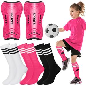 Liliful 4 Pcs Soccer Shin Guards Set for Girl Kids Youth Include 1 Shin Guards & 3 Sport Socks Protective Lightweight Gear Leg Pads Gear for 3-15 Girls Boy Children Teens (Small, Rose Red)