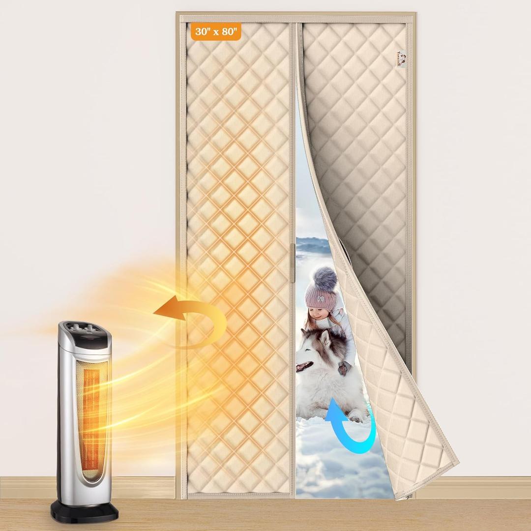 Yotache Magnetic Thermal Insulated Door Curtain Fits 30 x 80 inch Doors, Curtain Size 32" x 82" Weatherproof Oxford & Cotton Fill Door Covers to Keep Warm in Winter, Beige