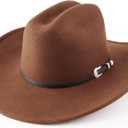 AQOKKA Western Cowboy Hats for Women Classic Felt Wide Brim Fedora Hat with Belt Buckle Retro Panama Hat Unisex Rolled up Cap (1 Pc Fedora Hat : Khaki)