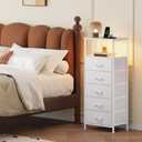 Somdot White Nightstand with Charging Station and LED Light for Bedroom, Tall 5 Drawers Dresser with Fabric Bins for Bedside Kids Dorm Room Closet Laundry Entryway, White Leather, 11.8"D x 15.7"W x 39.8"H