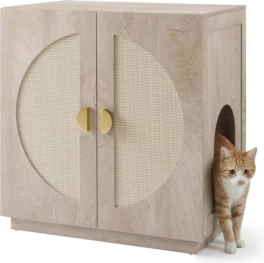unipaws Cat Litter Box Enclosure with Shelves, Tall Hidden Litter Box Cover for Tall or Top Entry Litter Box, Kitty Enclosed Litter Box Cabinet, Cat Box Furniture, Grey, Pattern Name: Extra Tall