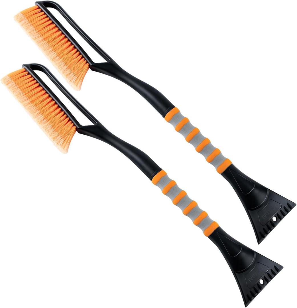 AstroAI 2 Pack 27" Snow Brush and Ice Scrapers for Car Windshield, Detachable Snow Scrapers with Ergonomic Foam Grip for Cars, Trucks, SUVs (Heavy Duty ABS, PVC Brush, Orange)