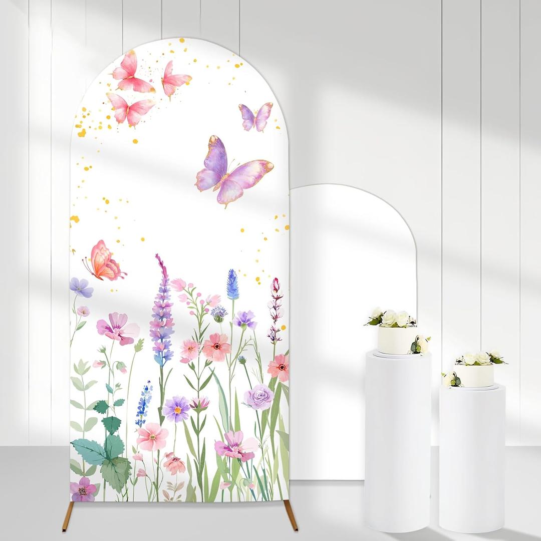 Purple Butterfly Arch Backdrop Covers, 6 Ft Stretchy Arch Backdrop Stand Cover, Garden Floral Photography Background Arch Stand Cover for Baby Shower Birthday Wedding Decor