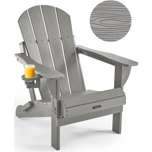 Ciokea Folding Adirondack Chair Wood Texture, Patio Chair Weather Resistant, Plastic Fire Pit Chair with Cup Holder, for Lawn Outdoor Porch Garden Backyard Deck (Grey)