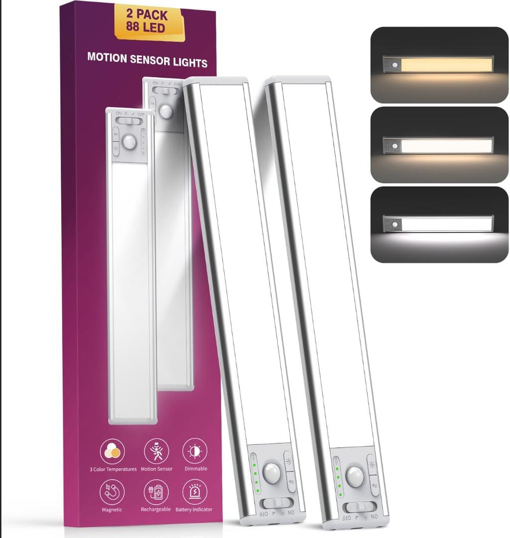 OTWKAY 10.5inch Under Cabinet Lighting with 3 Color Temps, 2 Pack Rechargeable Motion Sensor Lights Indoor, Dimmable Under Counter Lights for Kitchen, Closet (Silver)