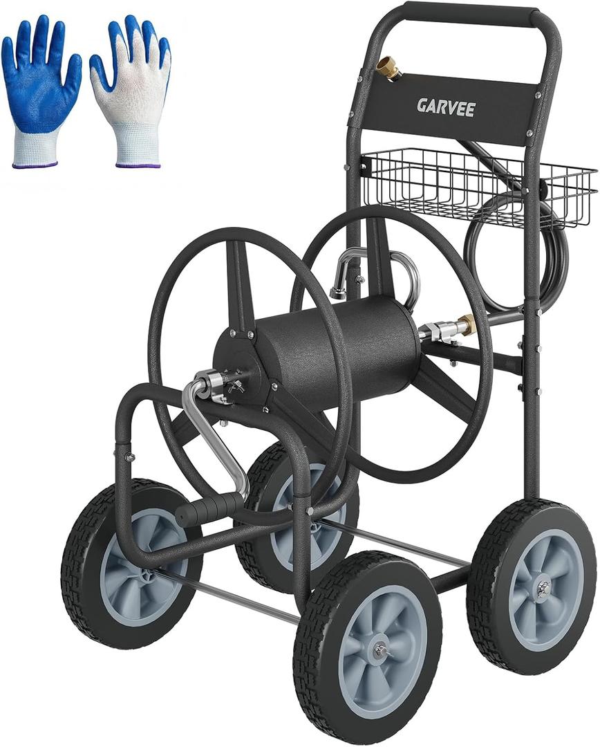 Garvee Hose Reel Cart, 4 Wheels Heavy Duty Mobile Garden Hose Cart Holds 250ft of 5/8" Water Hose, Powder-Coated Steel with Storage Basket for Yard, Lawn, Outdoor Planting