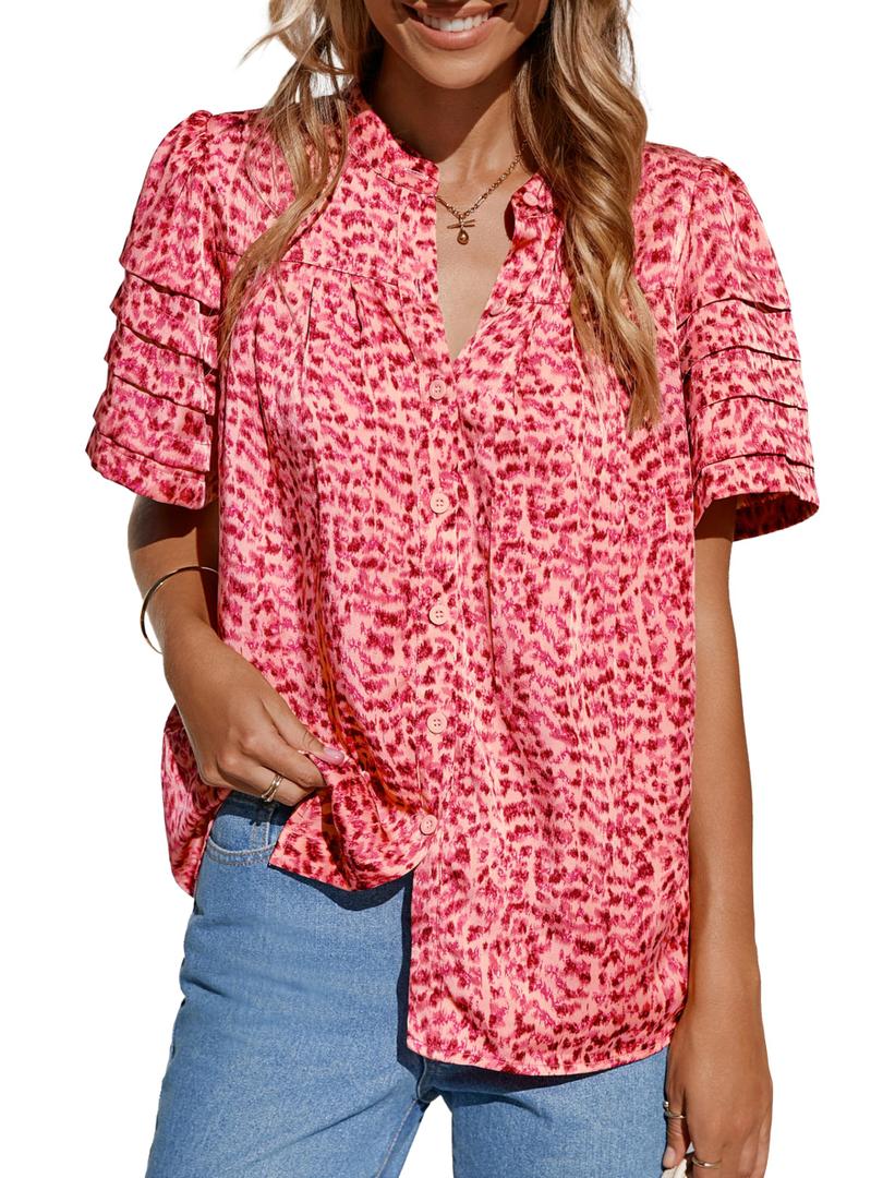 MASCOMODA Womens Tops Summer Boho Floral Short Sleeve Button Down Shirts Crewneck Loose Vacation Dressy Casual Work Blouses(Orange Pink Floral,Large)