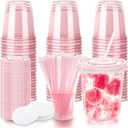 12oz Disposable Stemless Glasses with Flat Lids and Straws,PET Disposable Drinking Cups,Clear Plastic Wine Glasses for Parties Birthday,Wedding,Meeting,Christmas Party Supplies. (50, Pink)