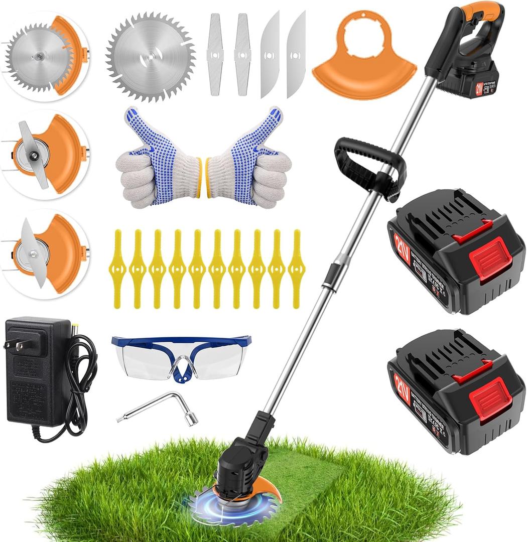 Electric Weed Wacker Cordless stringless,Grass Trimmer,with 2 Batteries, 1 Charger, 3Types Blades, Weed Wacker Eater Battery Powered Lightweight Battery Weed Trimmer for Yard and Garden