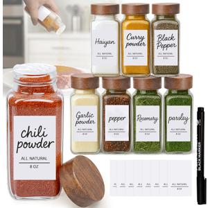 8Oz 8Pcs Glass Spice Jars with Label, Seasoning Containers, Spice Containers with Bamboo Lids & Pen, Empty Spice Bottles for Salt, Herbs, Sugar, Pepper (Acacia Wood Color)