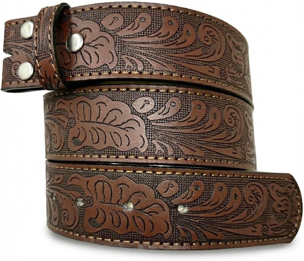 BC Belts Western Leather Belt Strap - 1.5 Wide with Embossed Scrollwork Without Buckle for Men & Women, Cowboy/Cowgirl Style (X-Small (26-28" Waist), Brown)