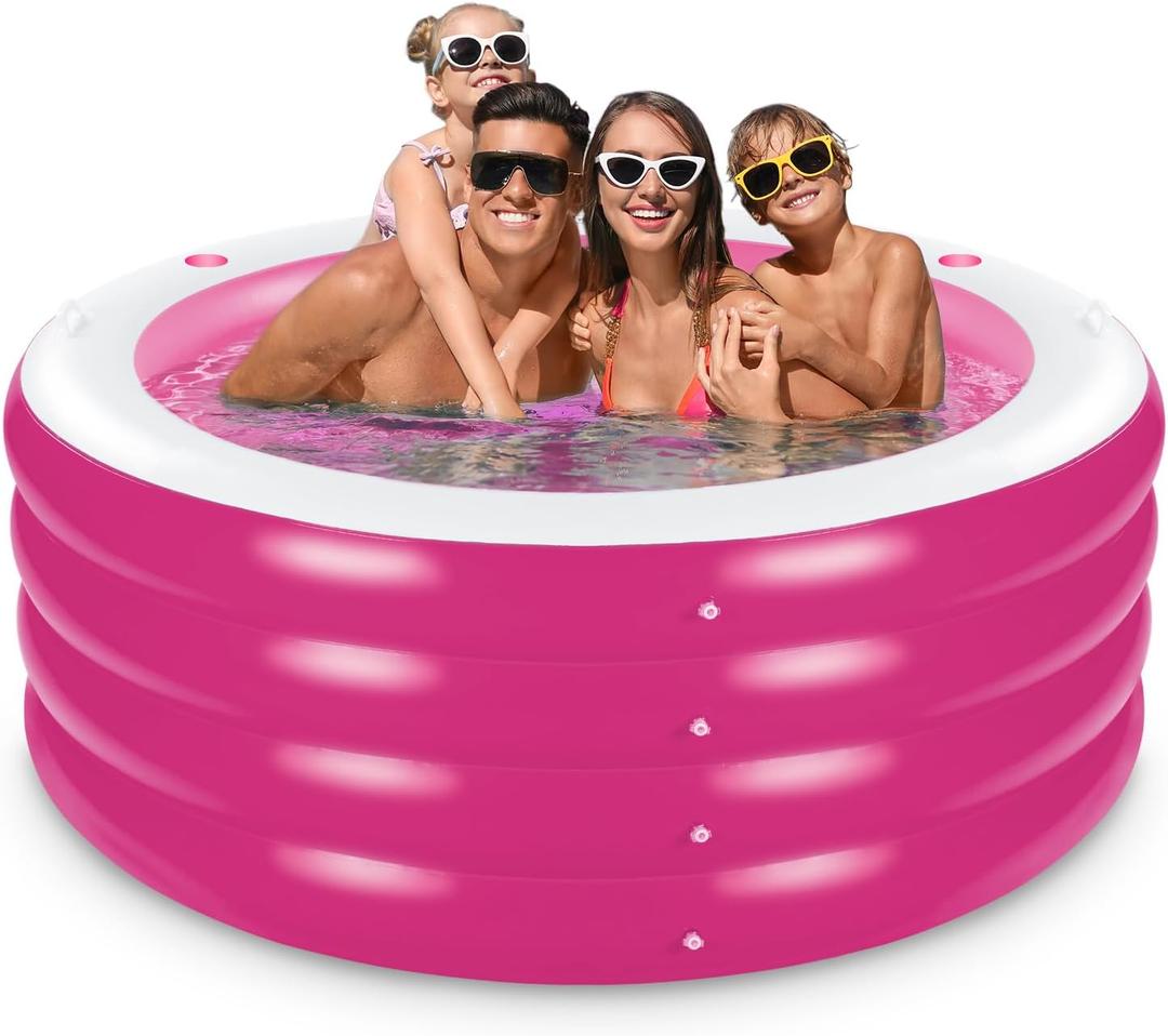 Inflatable Pool with Seating,Four-Tier 72 x 27Inflatable Swimming Pool with Drink Holder Handles, Summer Family Water Park,Backyard Family Pool, Garden (Pink)