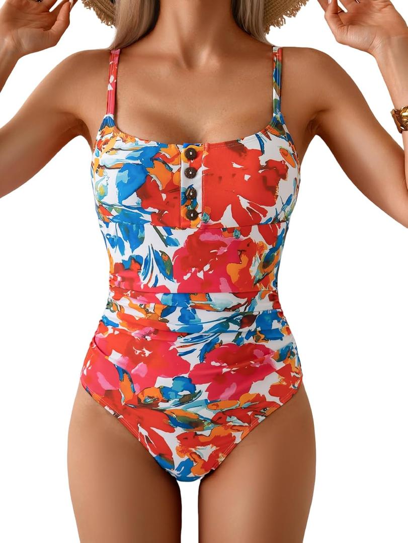 B2prity One Piece Swimsuit for Women Tummy Control Retro Bathing Suit Button Up Slimming Swimwear (X-Large, Red Floral Print)