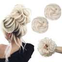 SARLA 2PCS Messy Hair Bun Hair Pieces Wavy Curly Synthetic Updo Fake Scrunchies Ponytail Extension for Women Platinum Blonde