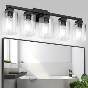 BesLowe 5-Light Bathroom Light Fixtures, Modern Black Bathroom Vanity Light, Bathroom Lighting Fixtures Over Mirror, Matte Black Wall Socnce Lamp, Wall Lights for Living Room Bedroom Hallway