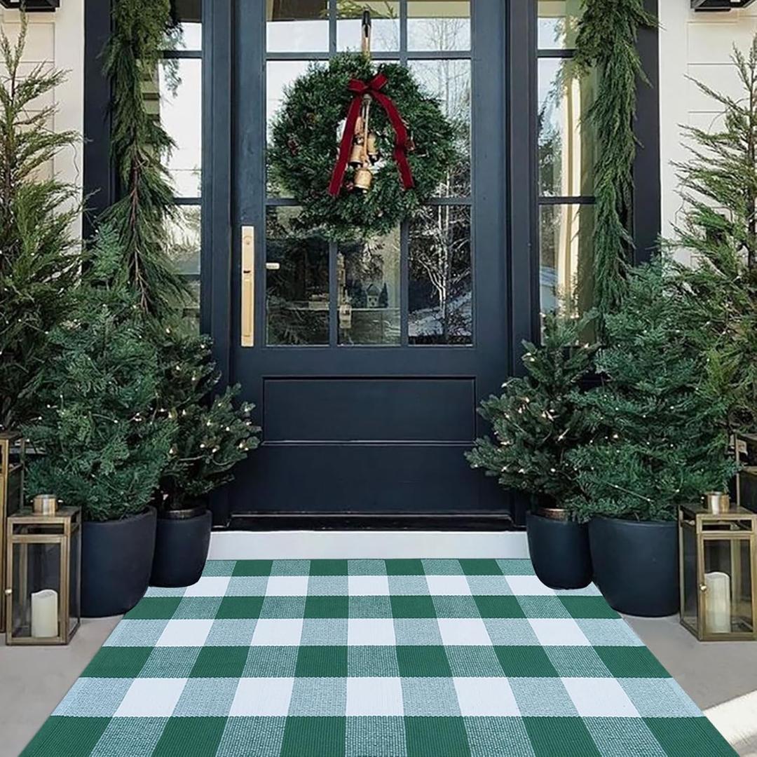 Christmas Outdoor Mat Buffalo Plaid Christmas Decor Rug Cotton Hand-Woven Layered Door Mats Washable Carpet for Front Porch, Kitchen, Farmhouse, Entryway (2'4" x 3'7" (Rectangular))
