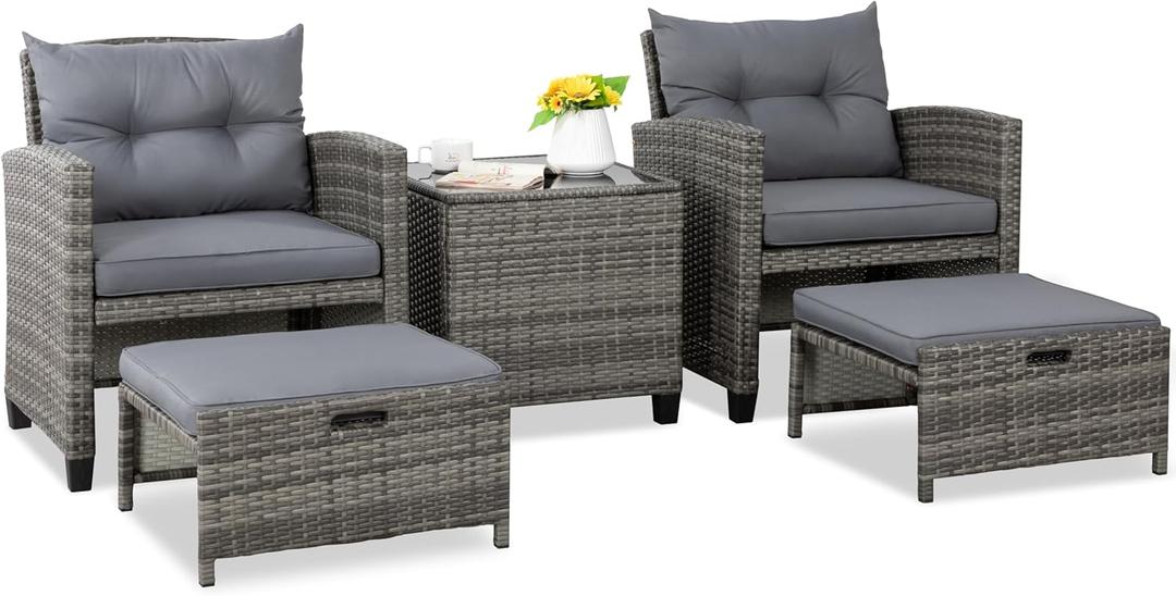 Shintenchi 5 Pieces Patio Furniture Set, Outdoor Wicker Patio Conversation Set with Ottoman, All Weather Rattan Outside Chairs with Coffee Table & Cushion for Porch, Garden, Backyard, Gray