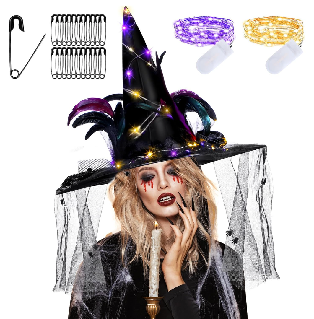 Hercicy Halloween DIY Witch Costume for Women Includes Witch Hat with 2 Pcs Battery Operated 3.3ft 10 LED String Lights 50 Pcs Black Safety Pins for Halloween Party Supplies