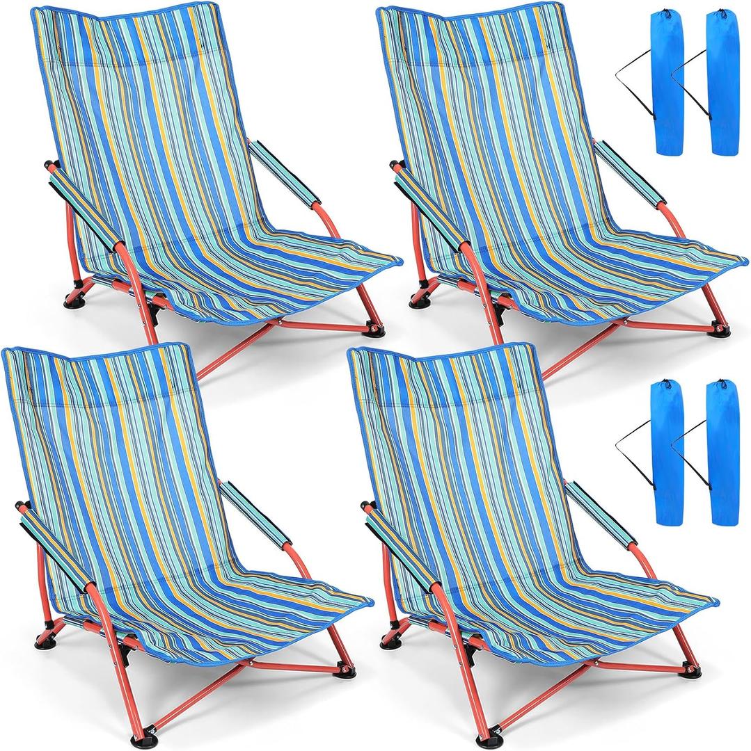 Wenqik 4 Pcs Low Seat Blue Plastic High Back Reclining Beach Chairs with Carry Bag Portable for Outdoor Beach Camping Lawn(Green)