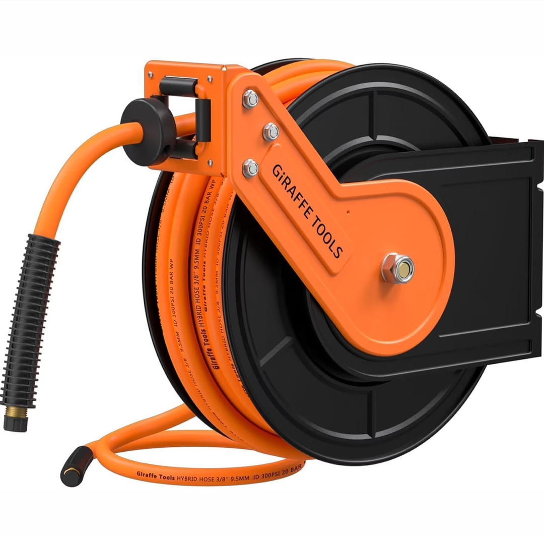 Giraffe Tools Pressure Washer Hose Reel with 60ft Replaceable Hose, Power Washer Retractable Hose Reel, Heavy Duty, Wall/Floor Mounted, 4000 PSI