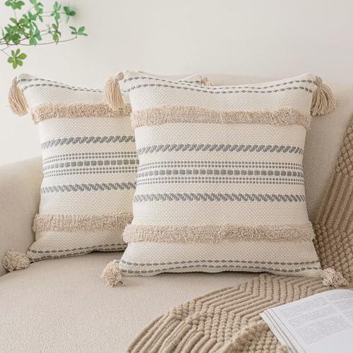 Boho Throw Pillow Covers 18x18 Set of 2 Woven Tufted Farmhouse Pillows Cover with Tassels Textured Striped Cushion Case Neutral Pillow Cases Decorative Pillowcase for Sofa, Couch, Bed, Khaki