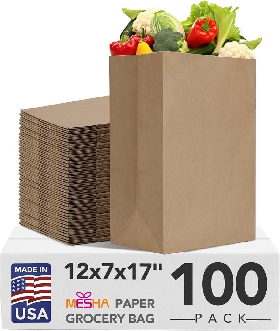 Mesha 100Pcs Paper Grocery Bags 12 x 7 x 17 Inches Bulk, Heavy Duty 60 Lbs Kraft Brown Paper Bag, Large Grocery Kraft Sacks -Takeout, Restaurant, Retail, Shopping