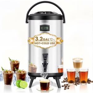 Insulated Beverage Dispenser. Stainless Steel, 12L / 3.2Gal. For Hot and Cold Drinks. Spigot Included. Ideal for Tea, Coffee, Milk, Water, Juice. Keeps Beverages at Right Temperature, Durable (Silver)
